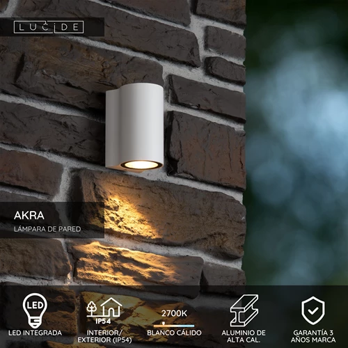 Lucide AKRA - Lámpara de pared Dentro/Fuera - LED - 1x6W 2700K - IP54 - Blanco - USP